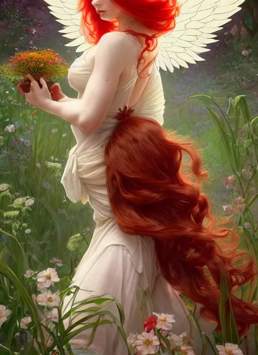 Image similar to a beautiful red haired woman as an angelic fairy princess in a garden, deep focus, d & d, fantasy, intricate, elegant, highly detailed, digital painting, artstation, concept art, matte, sharp focus, illustration, hearthstone, art by artgerm and greg rutkowski and alphonse mucha