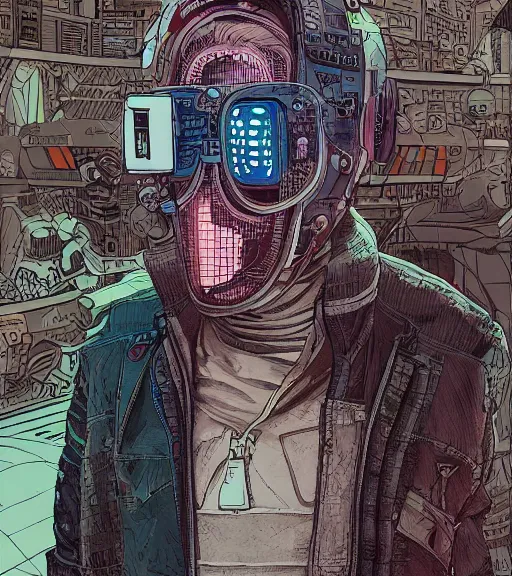 Image similar to a cyberpunk man with a patchwork face of various people, techwear, Industrial Scifi, detailed illustration, character portrait, by Martin Grip and Moebius