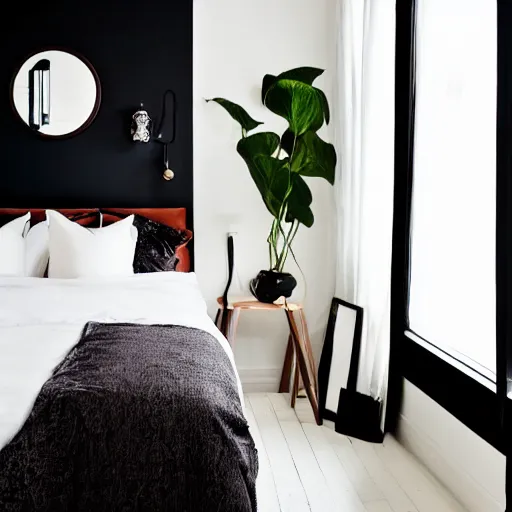 Prompt: bedroom, interior design, stylish luxury hotel bedroom design, feminine, lesbian, black walls, art, vase with flowers, Japanese and Scandinavian influences