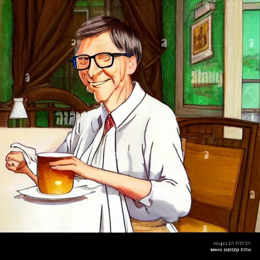 Image similar to drawing of Bill Gates crossdressing in linen dress while drinking tea, in the style of studio ghibli and Konstantin Razumov, fine details, high quality