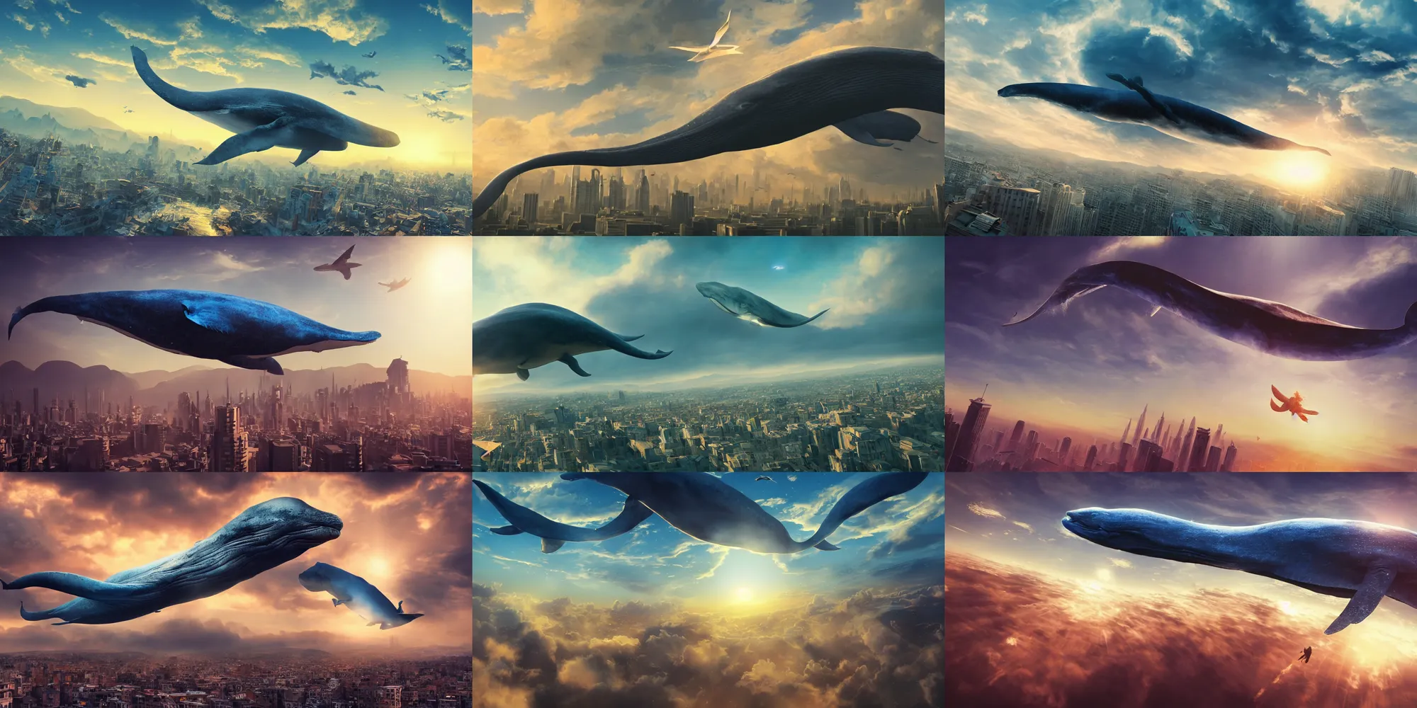 Prompt: a huge blue whale is flying high in the sky above a city, epic, surreal, cinematic shot, golden hour, artstation, deviantart, dreamy atmosphere, high definition