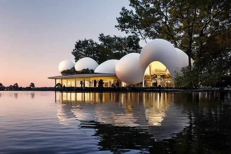 Prompt: a building composed of many multi - white spherical egg - shaped spaces. on the calm lake, people's perspective modern curved architecture, future, award winning, highly detailed 4 k art, dusk, by kazuyo sejima