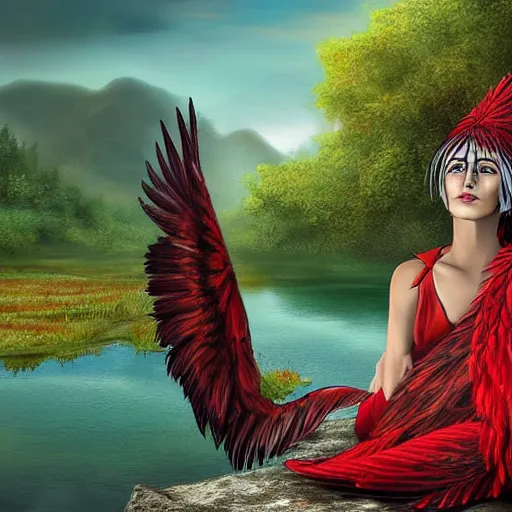 Image similar to Harpy, red feathered wings, wearing Inka clothes, sad expression, sitting at a pond, mountainous area, trees in the background, digital art