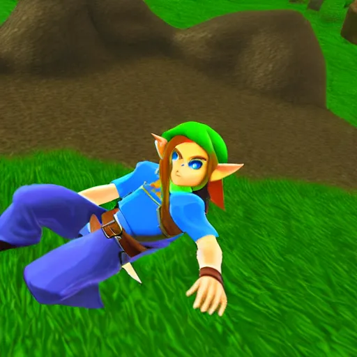 Prompt: Link from the Legend of Zelda: Ocarina of Time sitting on grass, screenshot on nintendo 3DS