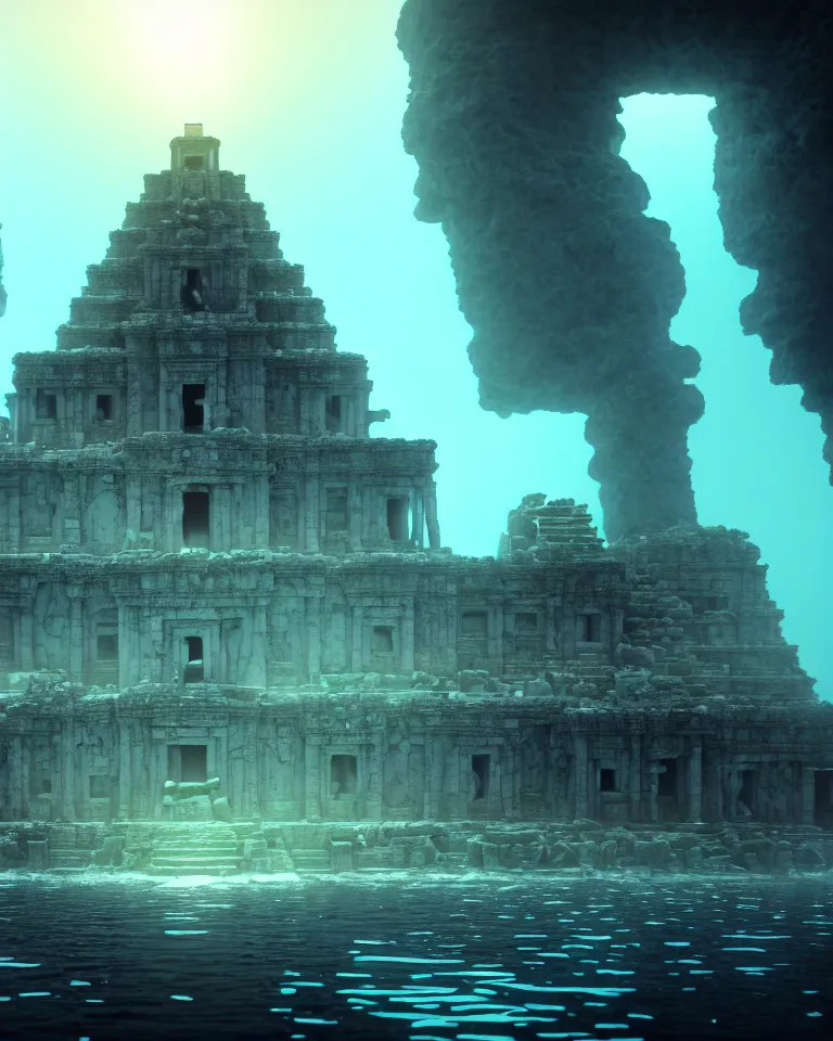 Image similar to ultrawide shot of submerged pre - incan temple, anime style mixed with fujifilm, dark, underwater, symmetrical, bubbles, abyss, dark, murky, foggy, atmospheric, crepuscular rays, artstation, cgsociety, octane render, cgi, unreal engine 5, denoise, detailed, cinematic masterpiece