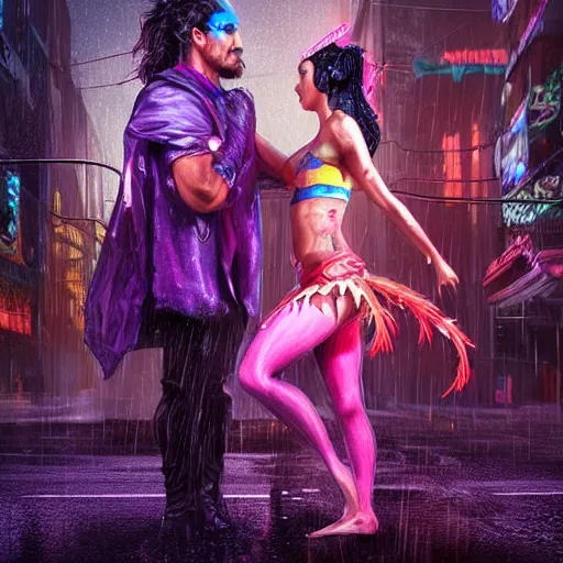 Prompt: An epic fantasy comic book style full body portrait painting of very beautiful cyberpunk Hula Dancers Jason Momoa and Ariana Grande in the rain, neon reflections in the rain puddles, character design by Mark Ryden and Pixar and Hayao Miyazaki, unreal 5, DAZ, hyperrealistic, octane render, cosplay, RPG portrait, dynamic lighting, intricate detail, cinematic