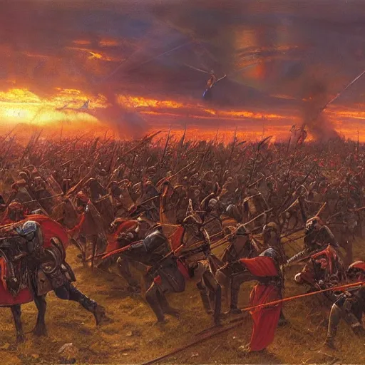 Prompt: A battleground with medieval armies clashing at sunset by Donato Giancola, dramatic lighting, oil painting, romanticism style