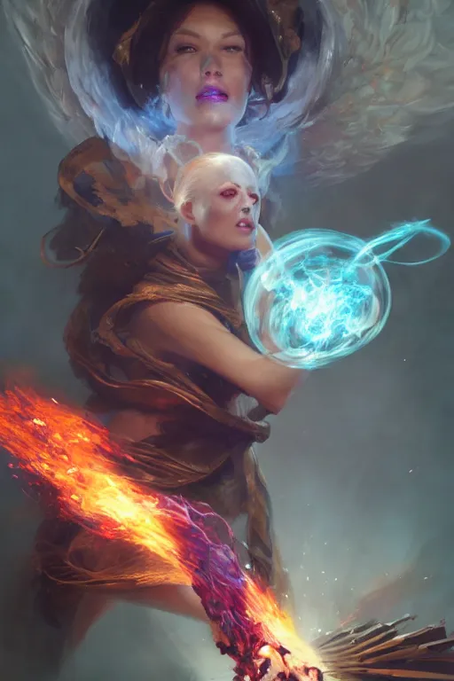 Image similar to beautiful girl necromancer, witch - doctor exploding into space casting spell, angels, 3 d render, hyper - realistic detailed portrait, holding fire and electricity, ruan jia, wlop. scifi, fantasy, magic the gathering, hyper detailed, octane render, concept art, peter mohrbacher