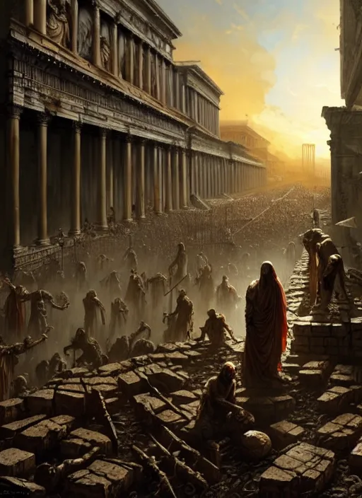 Prompt: masterpiece concept art, exorcist in a zombie apocalypse in ancient rome, by greg rutkowski and geof darrow, 8 k, intricate detail, cinematic lighting