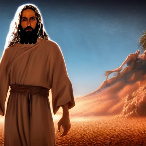 Image similar to an Artstation 3d render of Very very very very highly detailed beautiful mystic photo of jesus in the desert, intricate, extremely detailed, digital painting, artstation, concept art, smooth, sharp focus, illustration, intimidating lighting, incredible art,