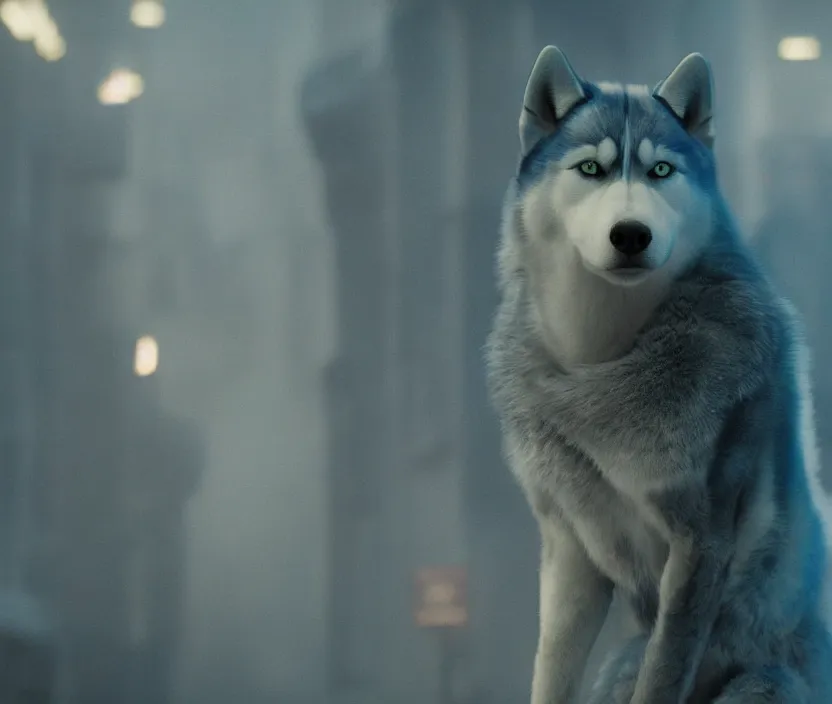 Image similar to blue colored anthro husky furry in Blade Runner: 2049, fursona, anthropomorphic, furry fandom, film still