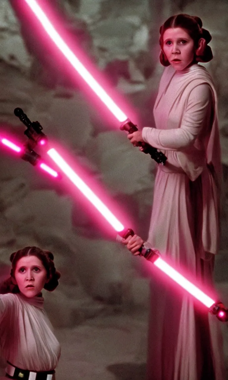 Image similar to Young Carrie Fisher as Princess Leia wielding a fuchsia light saber, ambient lighting, 8k, 35mm film still from Star Wars