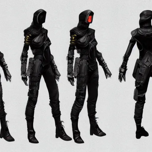 Prompt: Detailed cyberpunk rogue clothing concept art, realistic artstyle, full-body, octane render, HD, facial accuracy, symmetrical