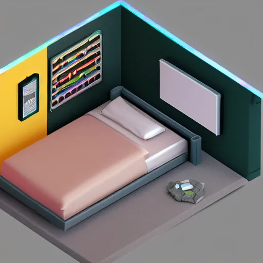 Image similar to miniature diorama isometric bedroom, ultimate rgb gaming computer, blender cycles, octane 3 d