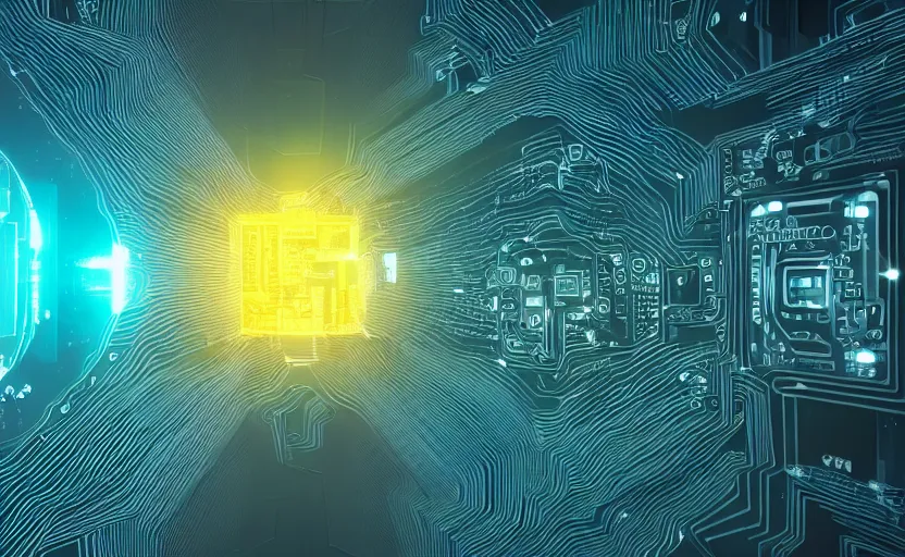 Prompt: computer circuitry scattered throughout the inside of a dream of a diamond, yellow water-cooling coolant, trending on artstation, digital art, octane render, ray-tracing, 4k desktop background