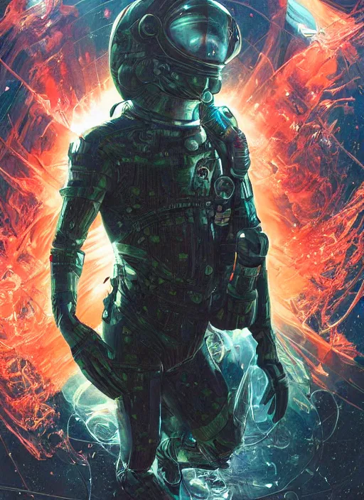 Image similar to astronaut in dark void underwater - complex and hyperdetailed technical suit design. reflection and dispersion materials. rays and dispersion of light. volumetric light. f / 3 2. noise film photo. flash photography. ultra realistic, 5 0 mm. poster by wayne barlowe, hajime sorayama aaron horkey, craig mullins