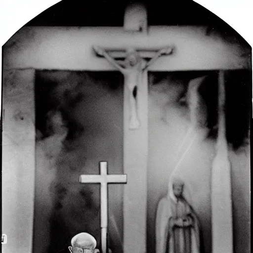 Prompt: photograph of john paul ii standing outside a small burning church with a glowing holy cross on its roof, night, black