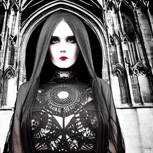 Image similar to gothic girl dressed in black, perfect face, macro head shot, behind her a gothic cathedral, perfect photo, wide lens, no decaying lines, the windows of the cathedral are reflecting red flame lights, delicate mandala intricate ornaments