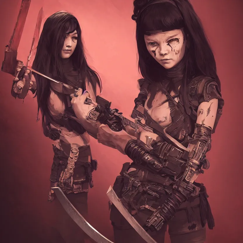 Image similar to full atomic scan face shot of a beautiful warlord girl, in tshirt with her buck knife ready, her morbid interests, irish, by saruei and guweiz and ilya kuvshinov and george miller, digital art, highly detailed, intricate, sharp focus, trending on artstation hq, deviantart, pinterest, unreal engine 5, 4 k uhd image