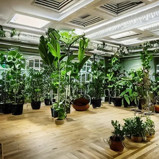 Image similar to a large room covered with plants and speakers