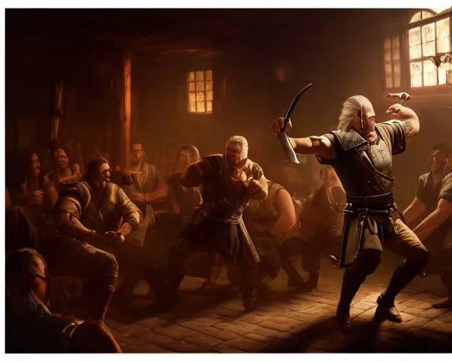 Image similar to 5 5 mm portrait photo of geralt of rivia dancing in a tavern. magical atmosphere. art by greg rutkowski. highly detailed 8 k. intricate. lifelike. soft light. nikon d 8 5 0.