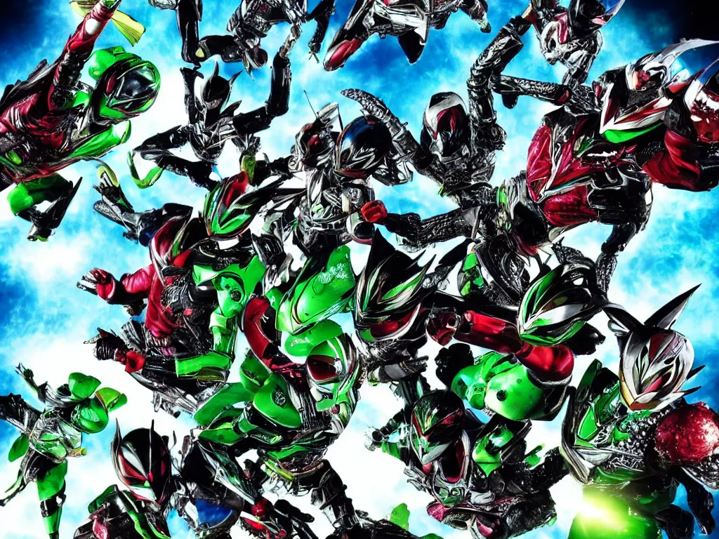 Prompt: kamen riders fighting with ulrtraman fly to universe, 8 k