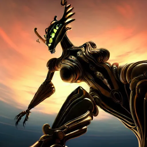 Prompt: worm's eye view from the floor, looking up, at a highly detailed 300 foot tall giant beautiful stunning female warframe, as a majestic anthropomorphic female robot dragon, with cute robot dragon head, posing elegantly over you, two massive detailed high quality legs towering over you, two arms with hands on hips, at the beach on a sunset, sleek and streamlined matte black armor with glowing pink accents, sharp detailed well designed claws, detailed robot dragon feet, hip and leg shot, upward shot, front shot, giantess shot, epic shot, high quality fanart, highly detailed art, realistic, professional digital art, high end digital art, captura, furry art, anthro art, DeviantArt, artstation, Furaffinity, 8k HD render, epic lighting