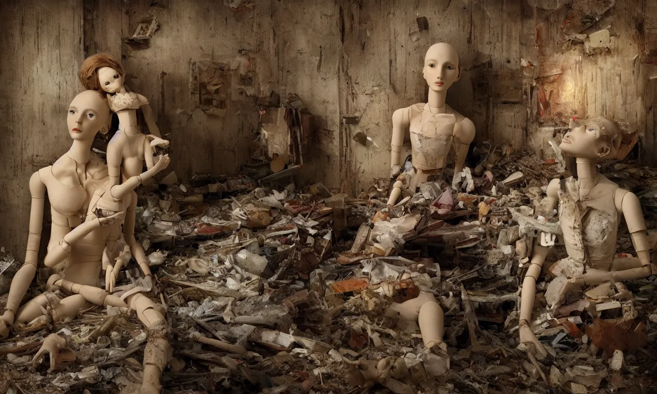 Prompt: a cinematic portrait of a beautiful female jointed wooden doll, holding each other, abandoned, left inside a room in a derelict house, broken toys are scattered around, rubbish, decay, by James C. Christensen, by Tomasz Alen Kopera, by Raphael, by Caravaggio, 8K, rendered in Octane, cinematic, 3D, volumetric lighting, highly detailed, photorealistic, hyperrealism