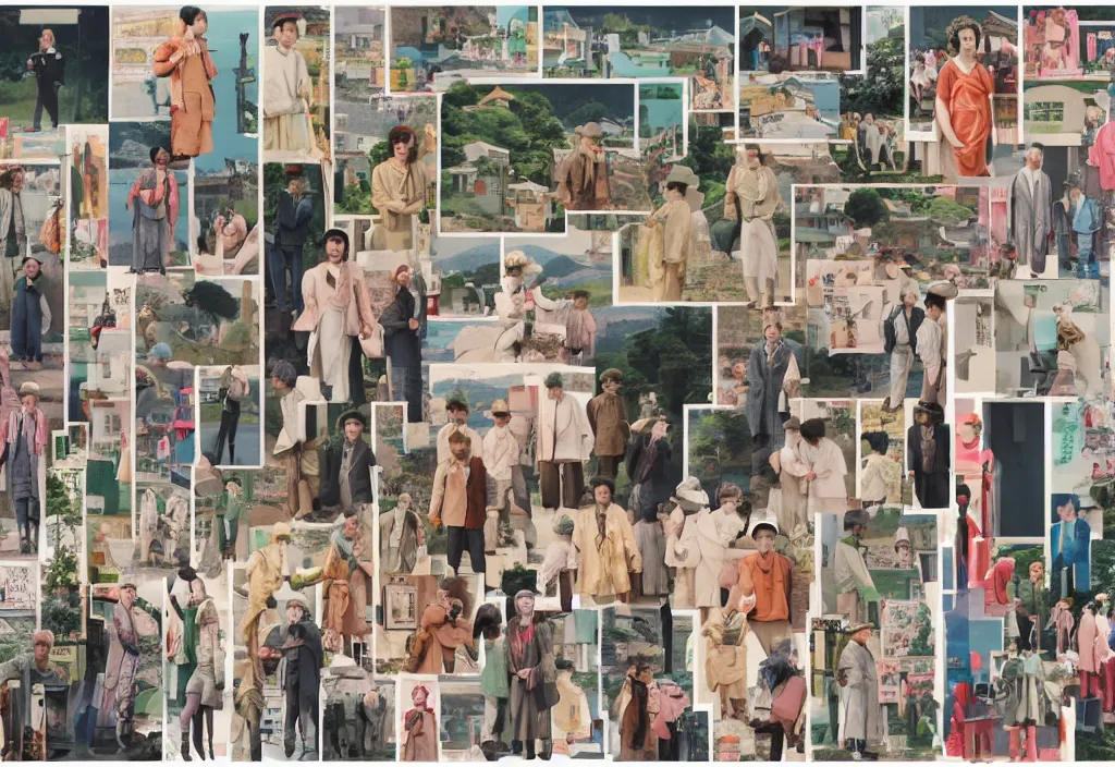 Image similar to full frame a single image, wide shots, closeups, full body portraits, a row of a several european tourists standing with a variety of poses and props, several character designs, rural japan, a collage painting, in the style of wes anderson, lola dupre, david hockney, isolated on negative white space background dark monochrome neon spraypaint accents volumetric octane render