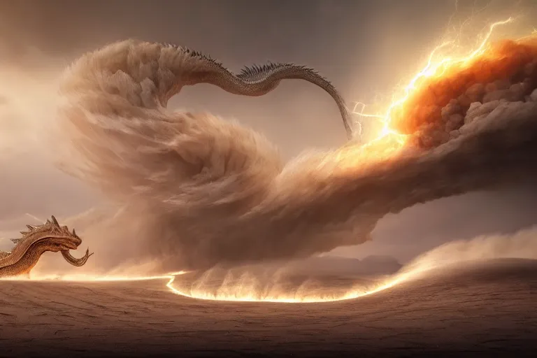 Image similar to sand dragon with lightnings and smoke is fighting against giant wind monster with cyclones, cgsociety, full length, exquisite detail, post - processing, masterpiece, volumetric lighting, cinematic, hypermaximalistic, polarizing filter,, sony a 7 r iv, cinematic, 8 k resolution, beautiful detailed, insanely intricate details, sharp edges, smooth focus, low angle,