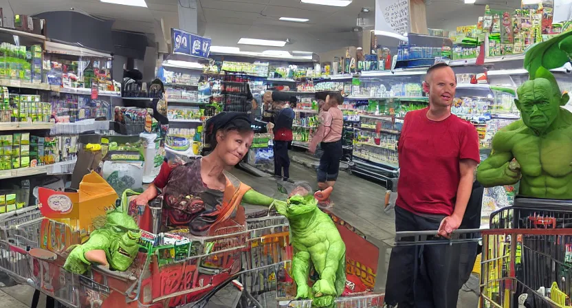 Image similar to a mix between Hulk and Yoda and Dobby and gollum buying groceries in a seven eleven, center frame medium shot, shot on technicolor cinemascope 35mm anamorphic lense, flare