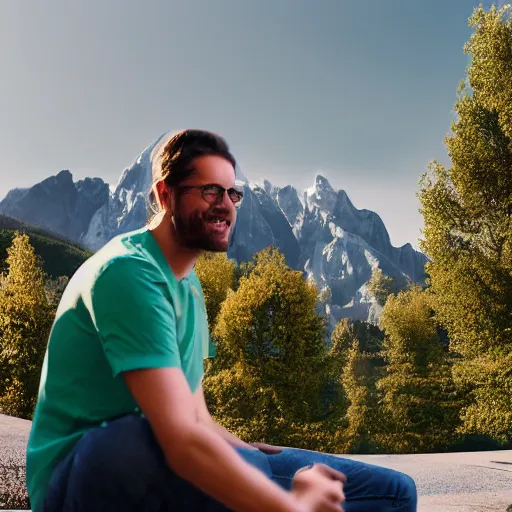 Image similar to digital painting of a software developer sitting outside in front of a modern campus building with beautiful mountains in the background, summer, alps, 4k, unreal, digital health, award winning, digital nomad, outdoor, solarpunk