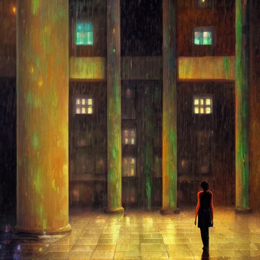 Prompt: scene, moment, beautiful woman, courtyard, capital, cybermosque interior, control panel, watcher, omniscient, tech noir, wet reflections, impressionism, matte painting, speed painting, chiaroscuro, oil on canvas