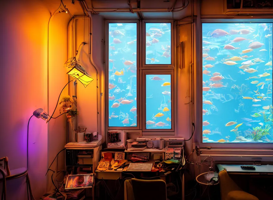 Image similar to telephoto 7 0 mm f / 2. 8 iso 2 0 0 photograph depicting the feeling of chrysalism in a cosy cluttered french sci - fi ( art nouveau ) cyberpunk apartment in a pastel dreamstate art cinema style. ( aquarium, computer screens, window ( city ), leds, lamp, desk ( ( ( armchair ) ) ) ), ambient light.