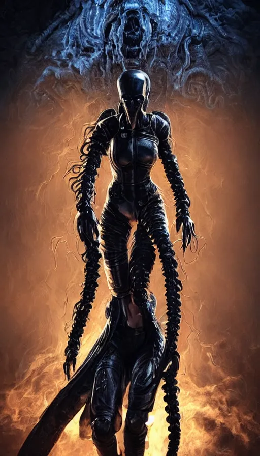 Prompt: woman with straight black hair and leather jacket walking towards the camera, lovecraftian hellscape, 8 intricate golden tenticles, soldiers and mech fight, mass effect, ultra detailed, face enhance, explosions and smoke