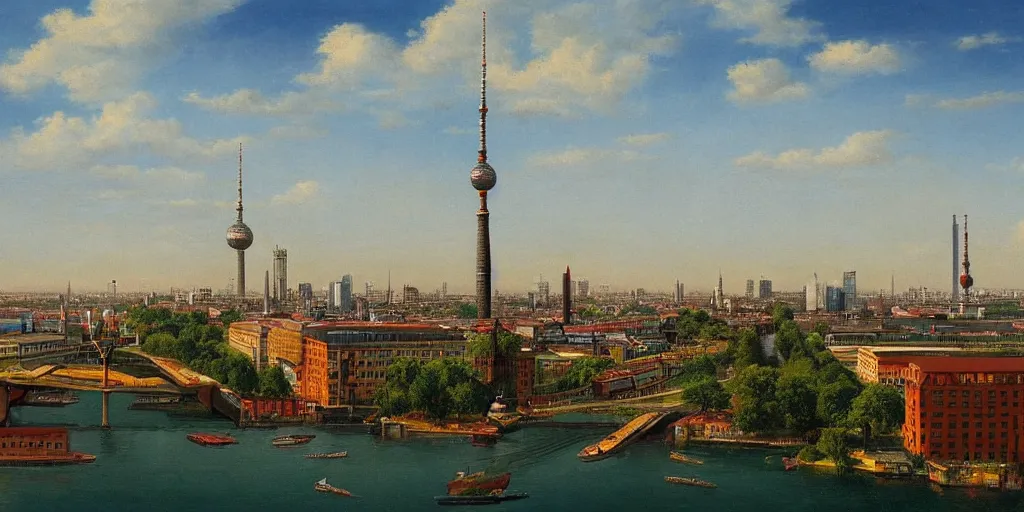 Prompt: berlin skyline in the style of raja ravi varma, high detail, realism, 4 k, trending on artstation