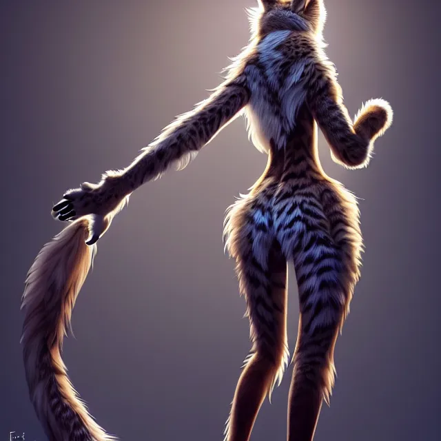 Image similar to the full body of anthropomorphic lynx fursona from behind wearing a steampunk suit as unimaginably beautiful, gorgeous, elegant, young woman with lynx head, an ultrafine hyperdetailed illustration by furaffinity, intricate linework, white fur, unreal engine 5 highly rendered, global illumination, radiant light, detailed and intricate environment