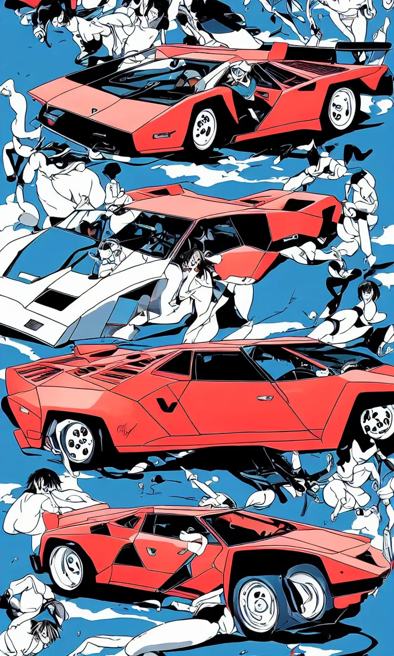 Image similar to a lamborghini countach, anime style, takumi fujiwara