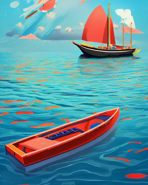 Image similar to a painting of a boat in a body of water, computer graphics by andre pijet, behance contest winner, pop surrealism, 2 d game art, digital illustration, outrun