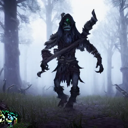 Prompt: undead rogue walking trough dark forest of tirisfal glades from world of warcraft, unreal engine 5, tim burton, 3 d render, 4 k hd picture, trending on artstation, deviantart