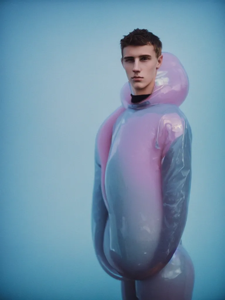 Image similar to high quality pastel coloured film portrait photograph of one beautiful young 2 0 year old male, soft features, short hair, wearing perspex space suit and oversized inflated clothing!! icelandic black rock pool environment. atmospheric three point light. photographic. art directed. ( pastel colours ). volumetric. clearcoat. waves. 8 k. filmic.