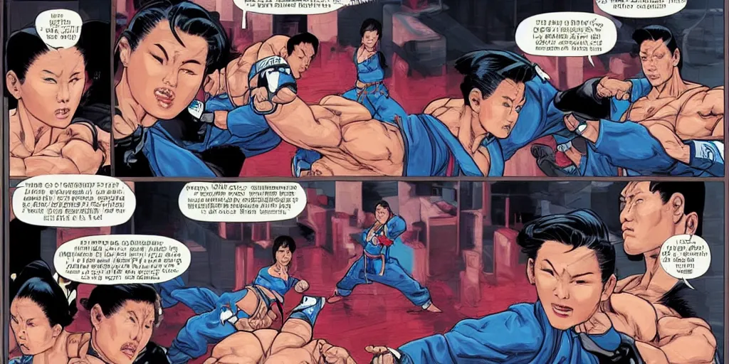 Image similar to Chun Li teaching Trump jujitsu. Epic painting by James Gurney and (Laurie Greasley).