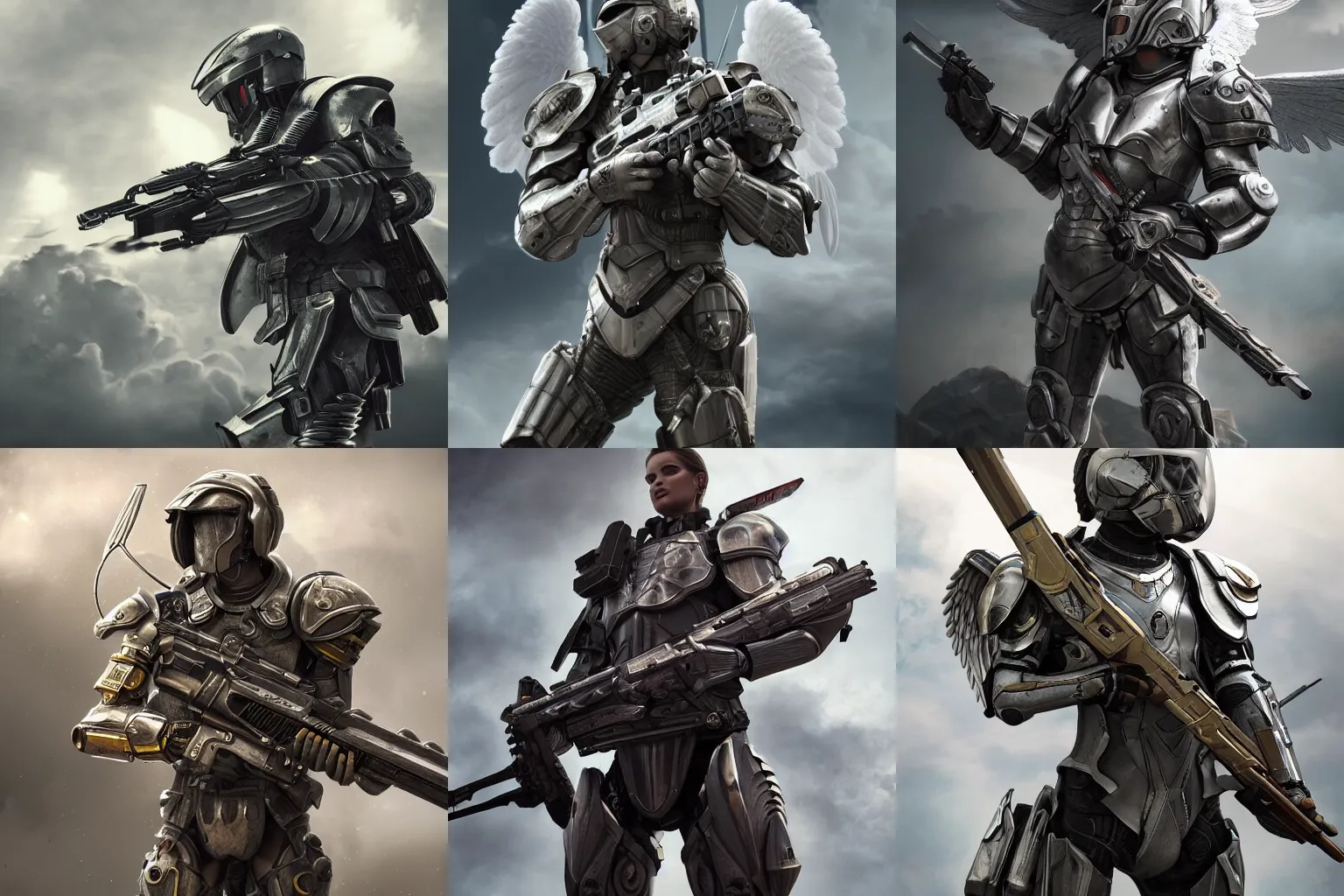 Prompt: beautiful render of an angel in futuristic armour with a rifle, clouds, hyper realistic, hyper detailed, octane render, johannes voss