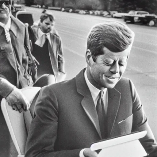 Prompt: 1 9 7 0 s vintage photograph of john f kennedy using an ipad, very detailed, very intricate, photorealistic,