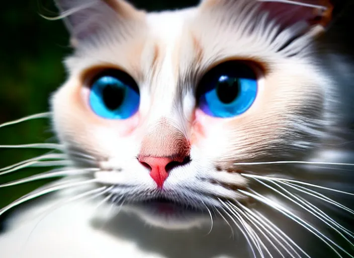 Image similar to a photo of a ragdoll cats face, fisheye lens