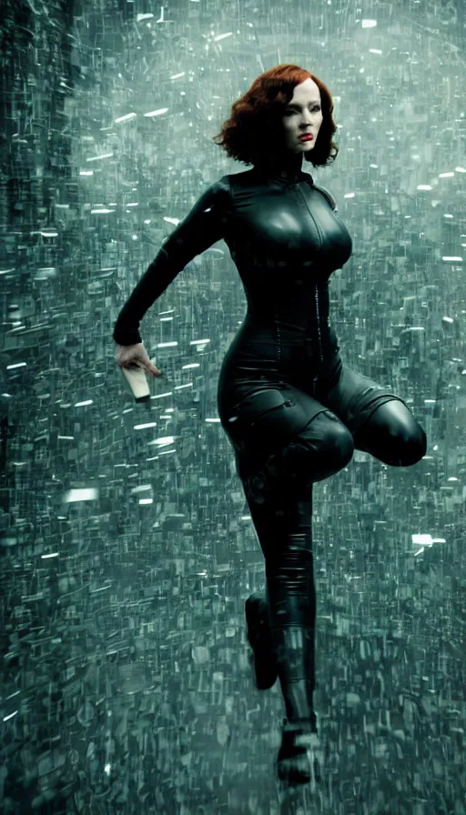 Image similar to Christina Hendricks in the Matrix, perfectly-centered-photograph of Christina Hendricks, film still, sweaty, dynamic action pose, insane detail, intricate, highly detailed, Zeiss Lens, DSLR photography, smooth, sharp focus, Unreal Engine 5, Octane Render, Redshift, 8K