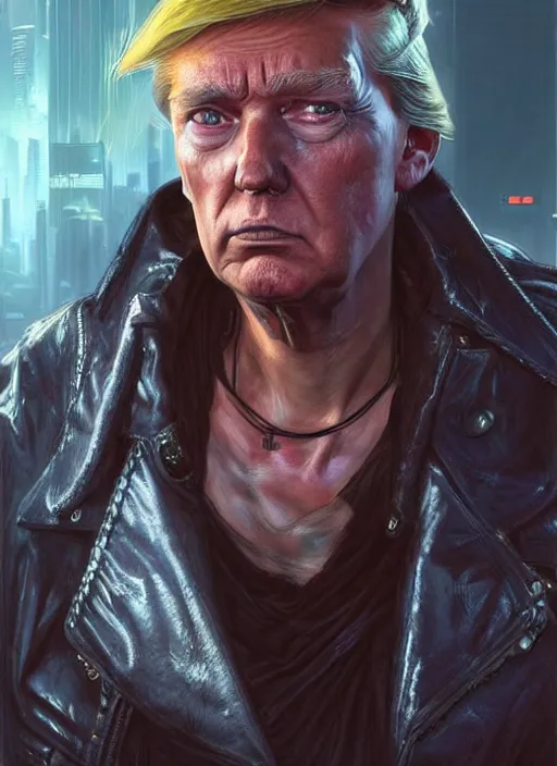 Image similar to portrait of Trump as a homeless character in Cyberpunk 2077, looking at camera, intricate, dystopian, sci-fi, extremely detailed, digital painting, artstation, concept art, smooth, sharp focus, illustration, intimidating lighting, incredible art by artgerm and greg rutkowski and alphonse mucha and simon stalenhag