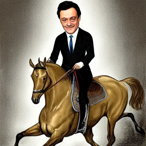 Image similar to Matteo Renzi riding a horse with the face of Mario Draghi, 19th century caricature, black and white