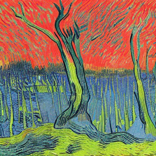 Prompt: fluo trees with eyes and body parts by van gogh