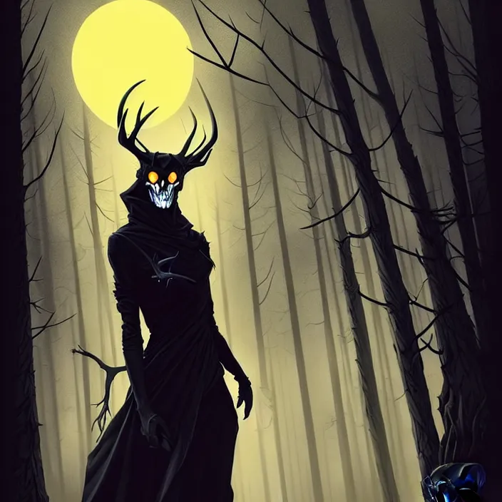 Prompt: style artgerm, joshua middleton, rafael albuquerque, peter mohrbacher : : scary wendigo with antlers and skull face mixed with werewolf : : [ [ beautiful female witch wearing a black dress, yellow eyes, symmetrical face, on the right side ] ] : : in the forest, detailed, dark and foggy, cinematic lighting